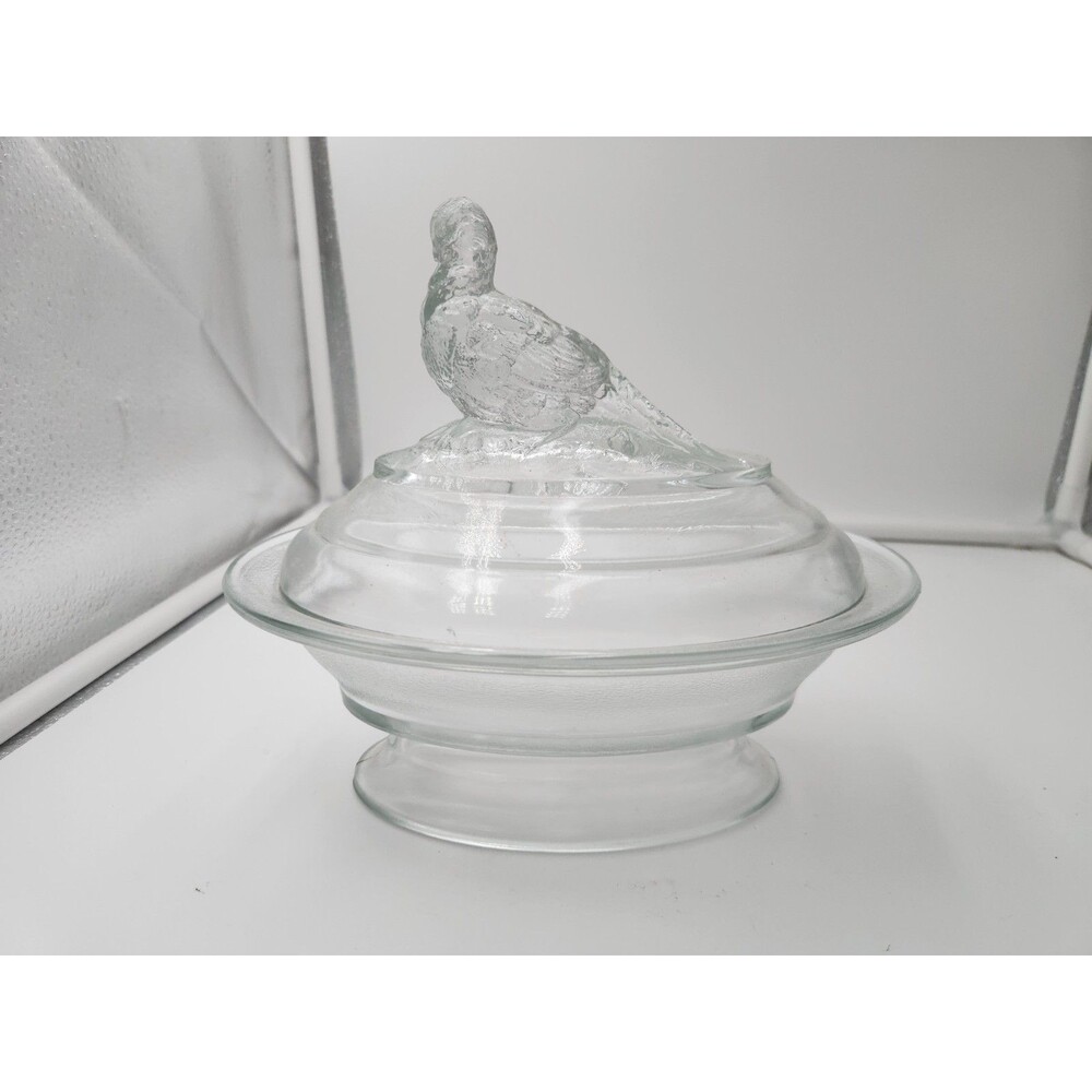 VTG  Clear Glass Pheasant Dove on Nest  Covered Pedestal Candy Dish Bowl